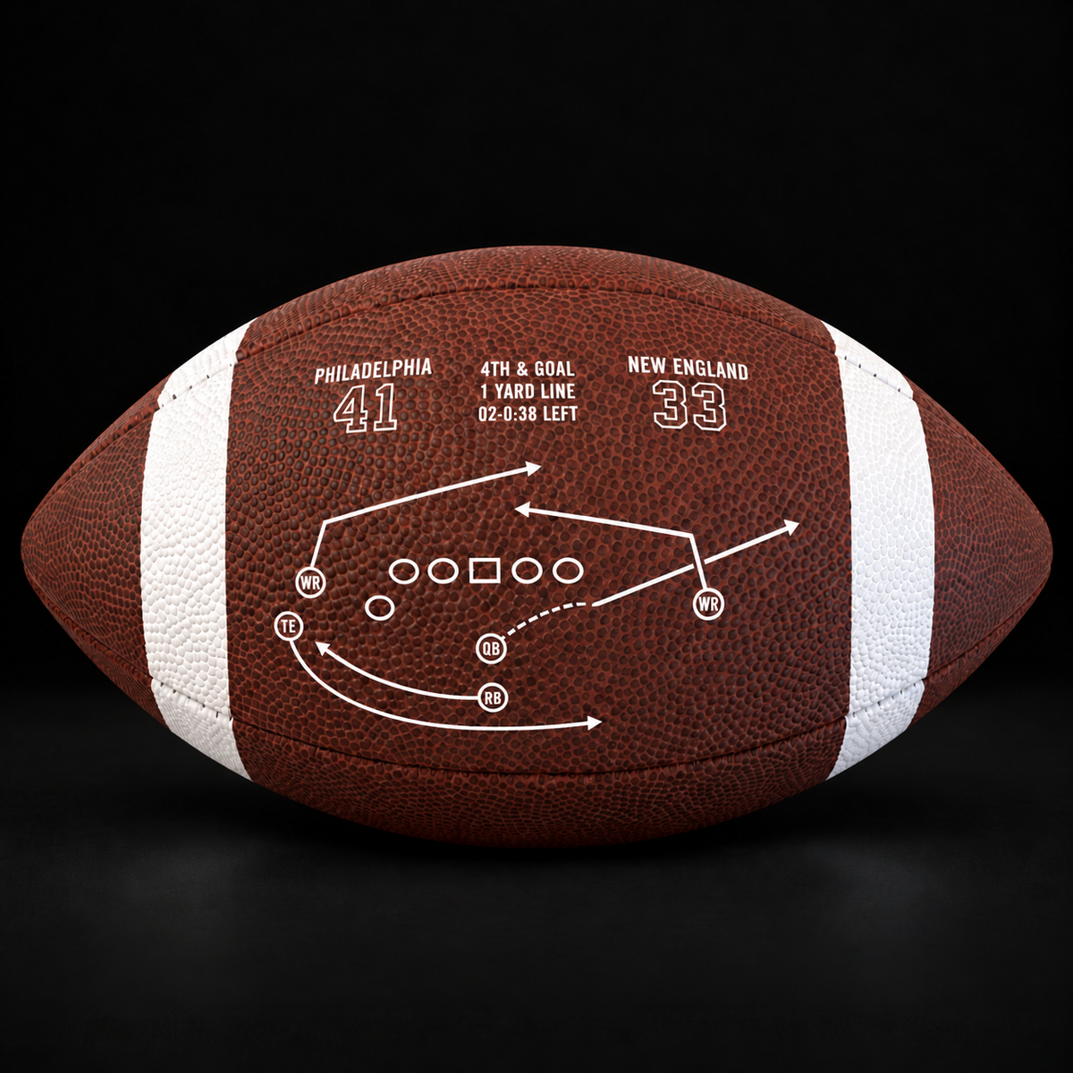 Iconic Routes Vol. 01 football showing the play diagram with Philadelphia 41, New England 33, 4th and goal